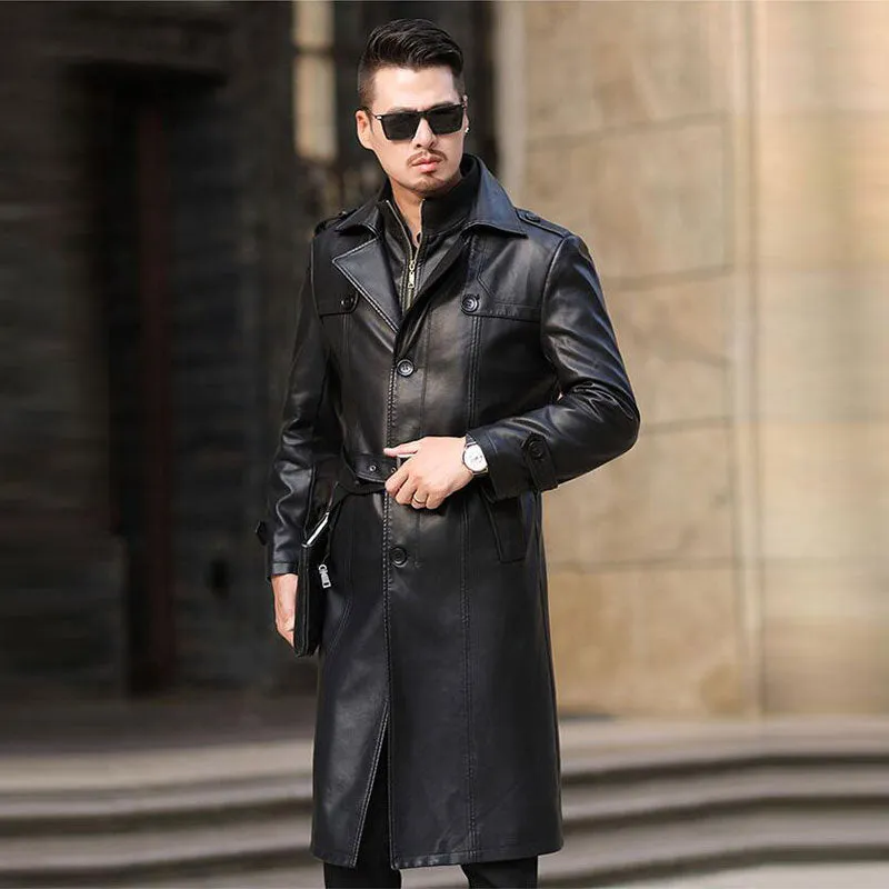 2019 Autumn Winter Plus Velvet Men's Leather Trench Coat