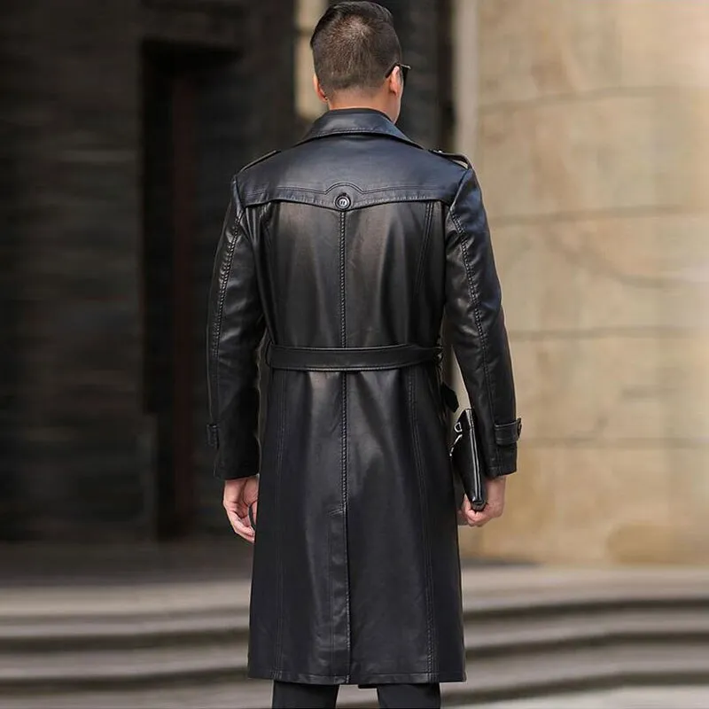 2019 Autumn Winter Plus Velvet Men's Leather Trench Coat
