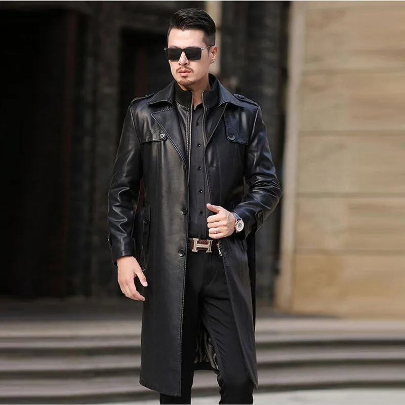 2019 Autumn Winter Plus Velvet Men's Leather Trench Coat