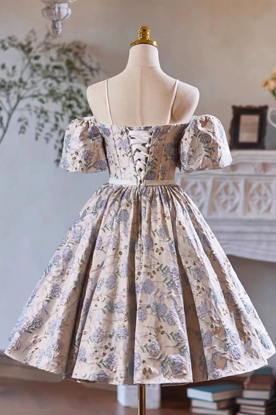 A-Line Print Spaghetti Strap Knee Length Prom Party Dress