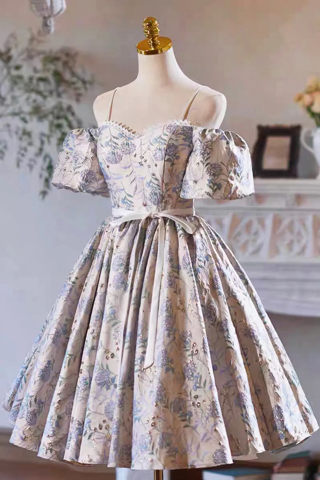 A-Line Print Spaghetti Strap Knee Length Prom Party Dress