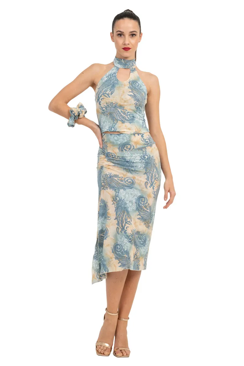 Beige & Blue Abstract Paisley Print Keyhole Halter Neck Top