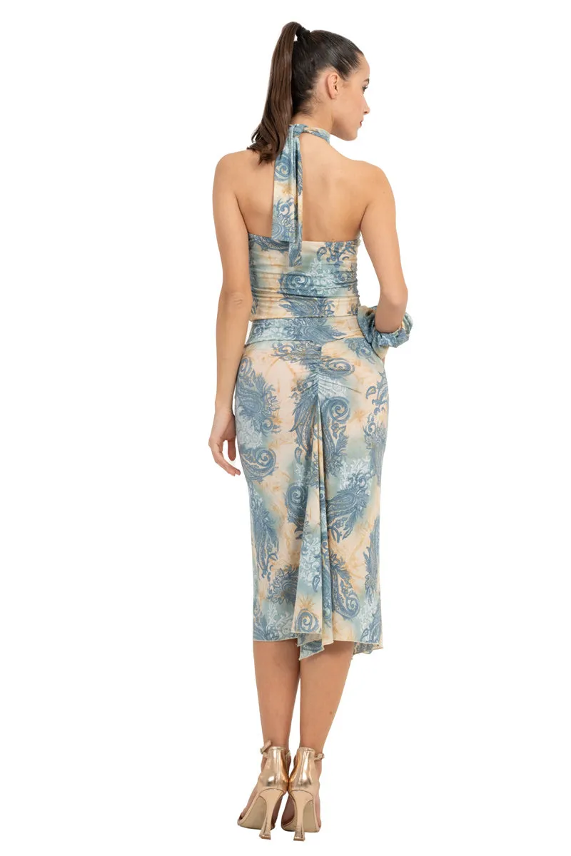Beige & Blue Abstract Paisley Print Keyhole Halter Neck Top