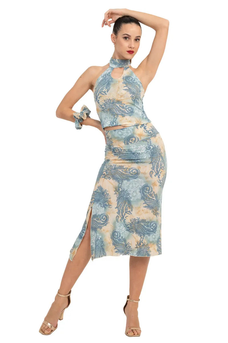 Beige & Blue Abstract Paisley Print Keyhole Halter Neck Top