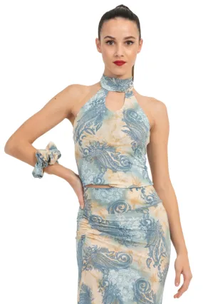 Beige & Blue Abstract Paisley Print Keyhole Halter Neck Top