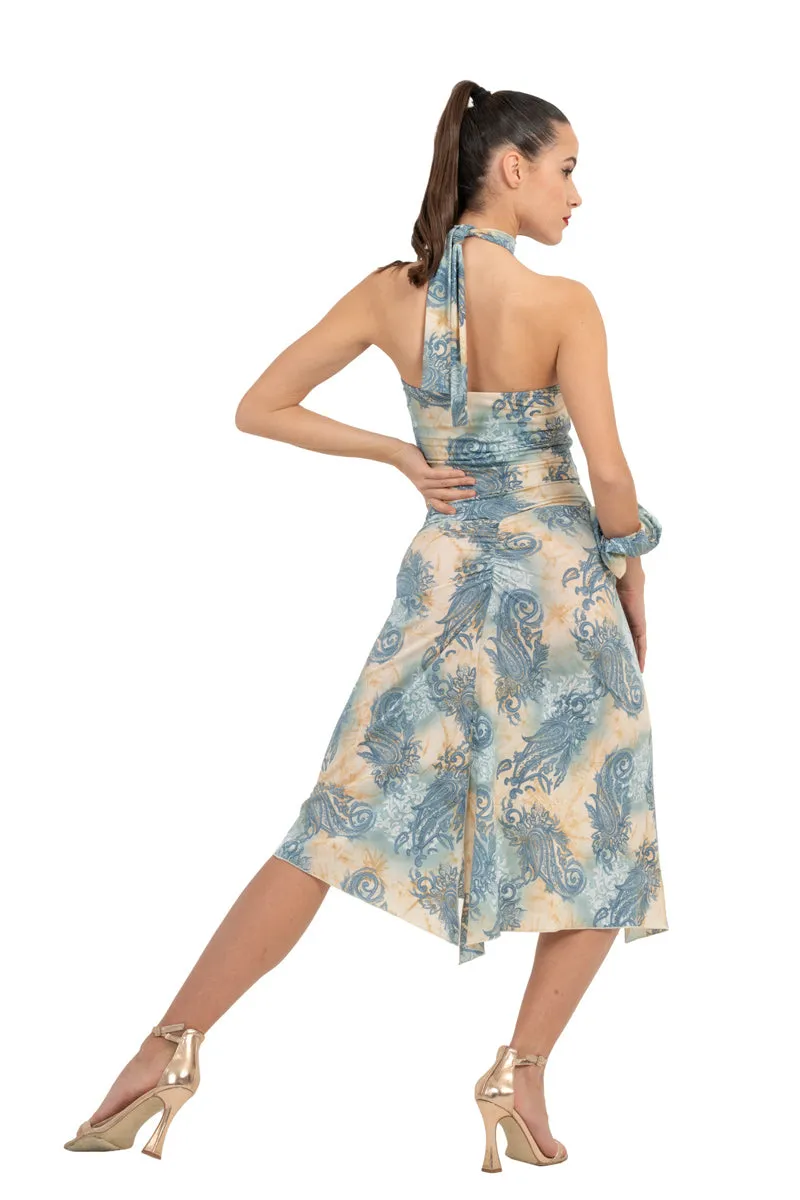 Beige & Blue Abstract Paisley Print Keyhole Halter Neck Top