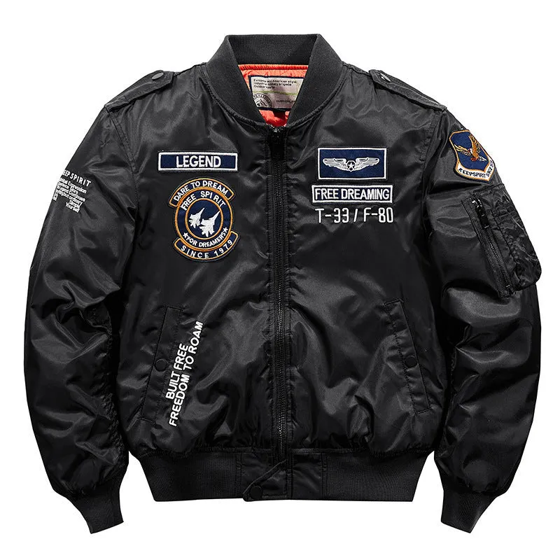 Black Varsity Jacket Racer Jacket Fall/Winter Jacket Stand-up Collar Thick Thermal Quilted Flying Jacket Top