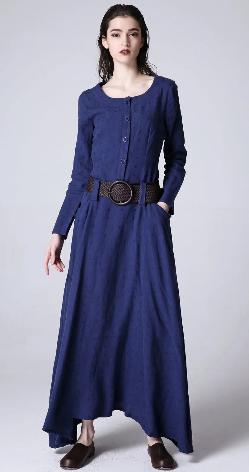 Blue dress maxi linen dress casual dress women dress 1183#