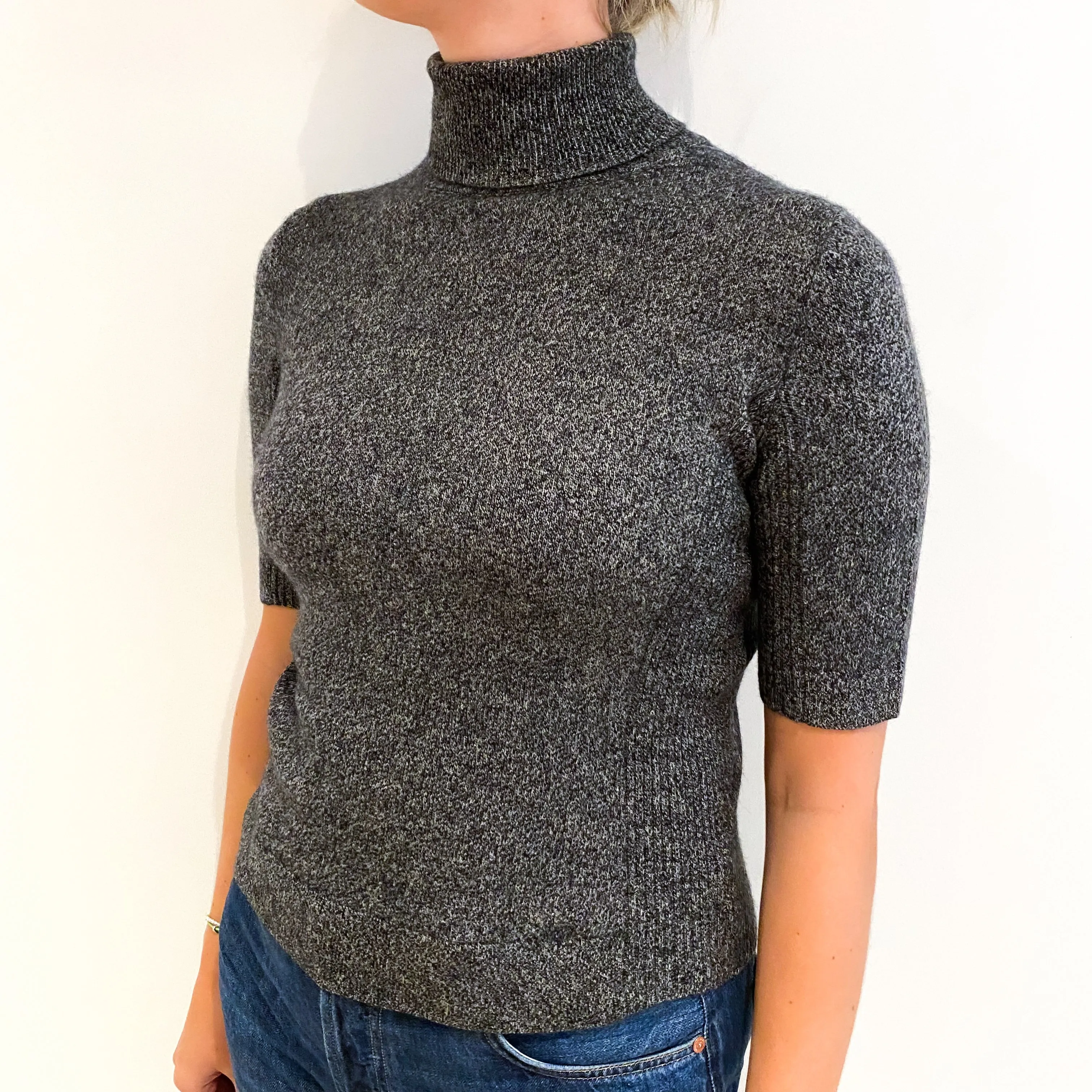 Charcoal Grey Marl Cashmere Short Sleeved Polo Neck Jumper Small