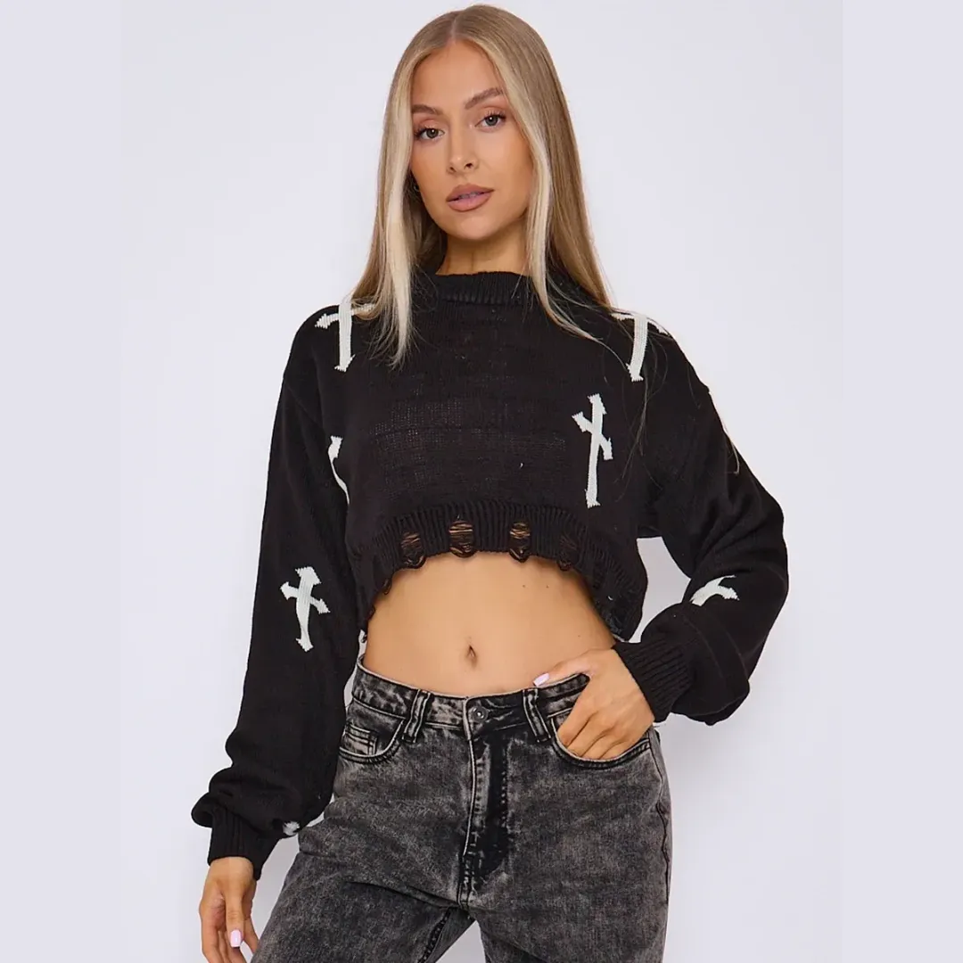 Crucifix Detail Knitted Cropped Jumper