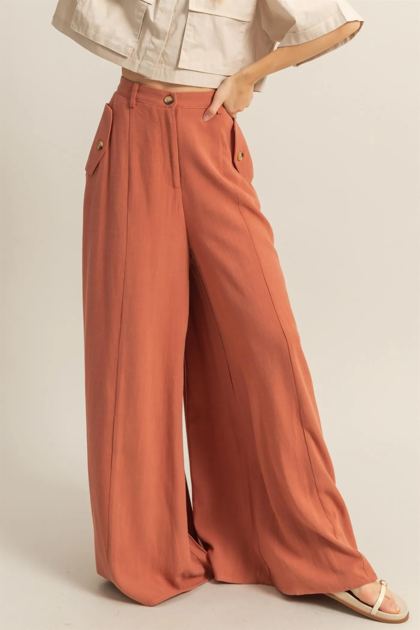 HF25C204-Linen Blended High Waist Flowy Pants