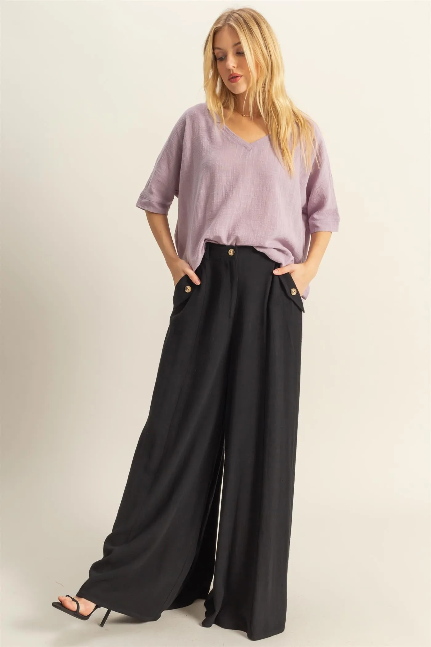 HF25C204-Linen Blended High Waist Flowy Pants