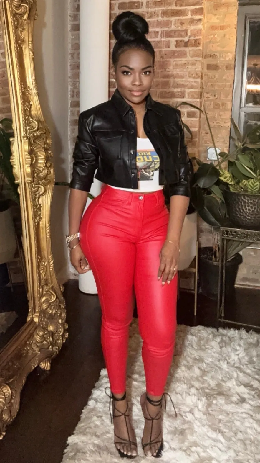 High Waist Vegan Leather Pants - Red