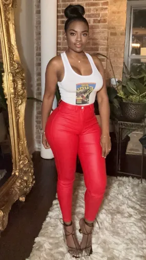 High Waist Vegan Leather Pants - Red
