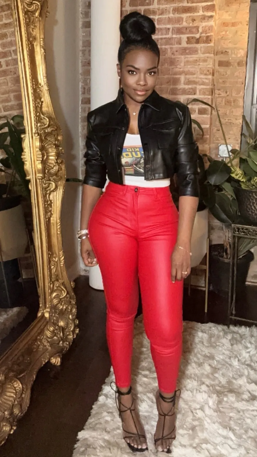 High Waist Vegan Leather Pants - Red