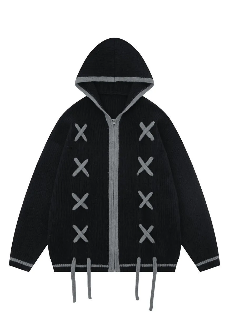 Hooded utility sweater knitted pullover grunge tassel top