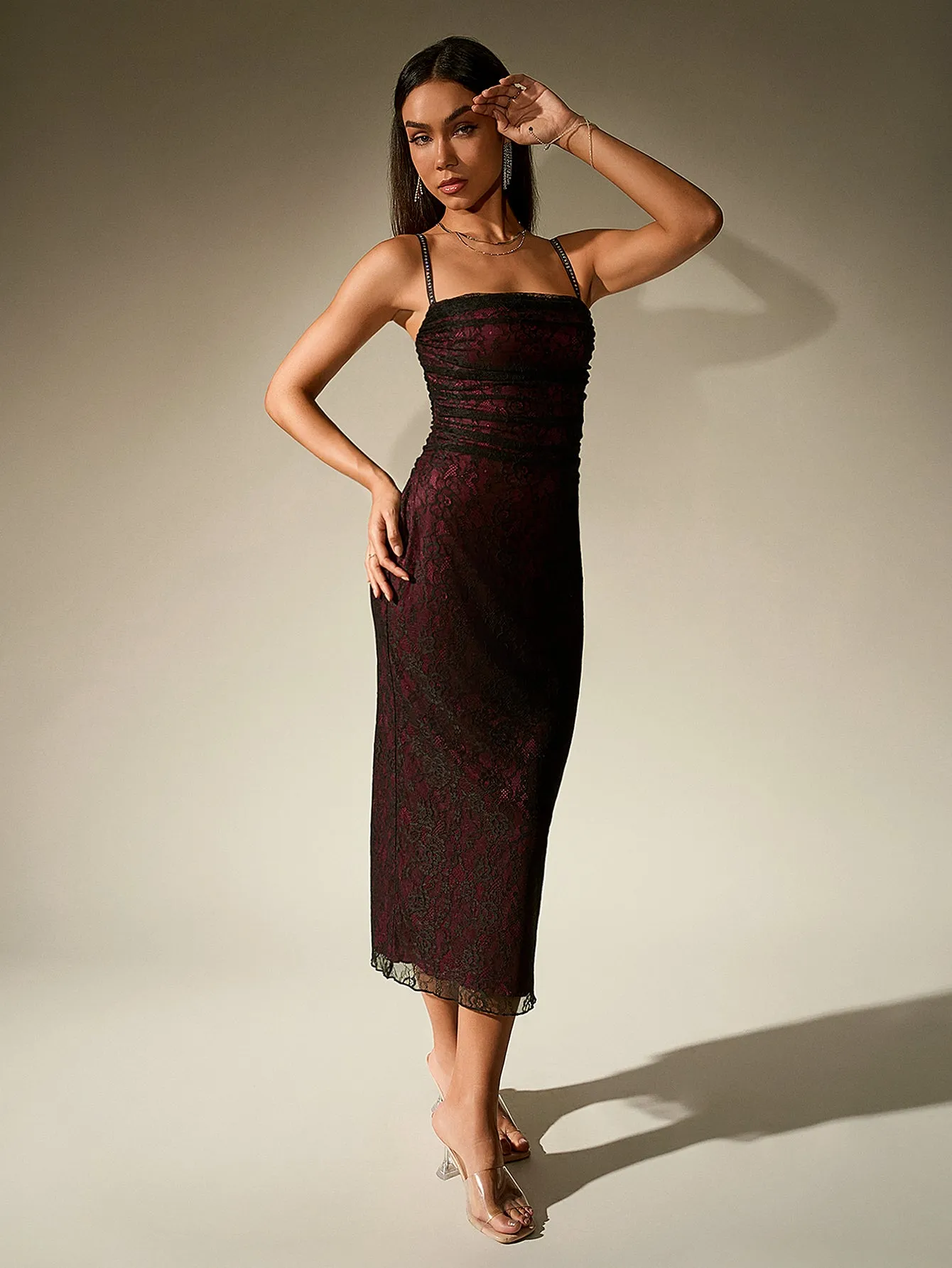 Lace Contrast Ruched Bodycon Dress