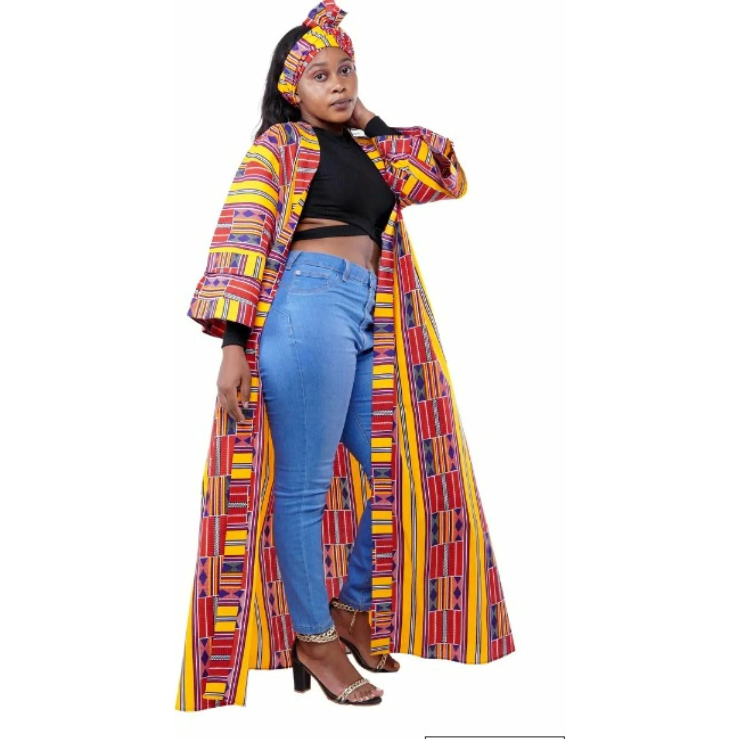Long African Kimono Mask Headwrap |Full Length African Print Jacket Ankara Robe Kaftan Caftan