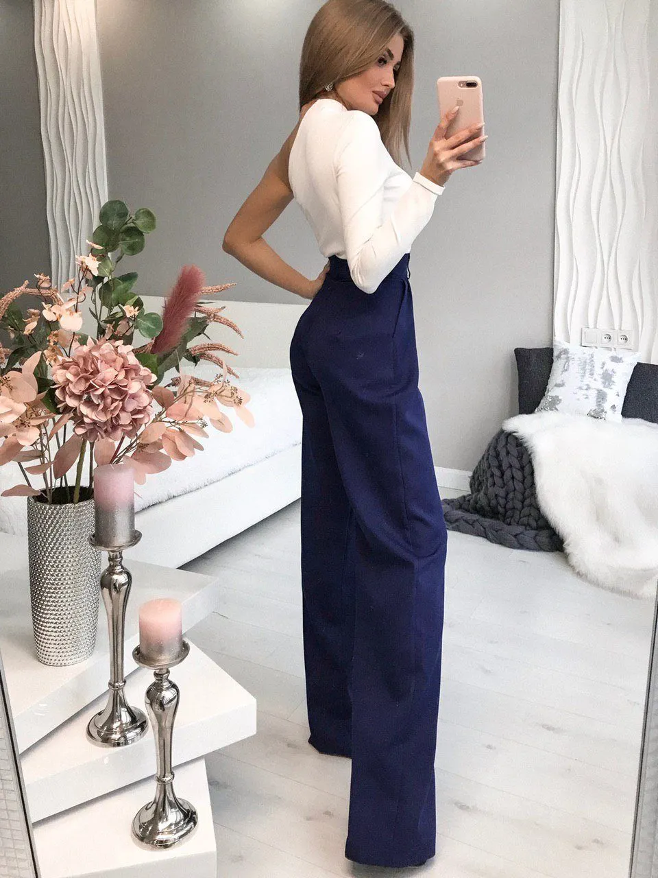 Navy High Waist Fitted Palazzo Pants
