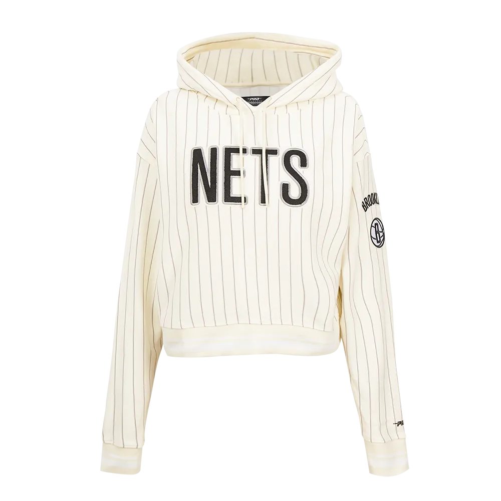 NBA BROOKLYN NETS PINSTRIPE RETRO CLASSIC WOMEN'S RIB FLC CROPPED PO HOO (EGGSHELL/ GREY)