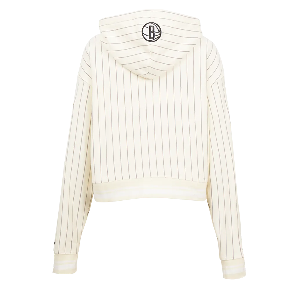 NBA BROOKLYN NETS PINSTRIPE RETRO CLASSIC WOMEN'S RIB FLC CROPPED PO HOO (EGGSHELL/ GREY)