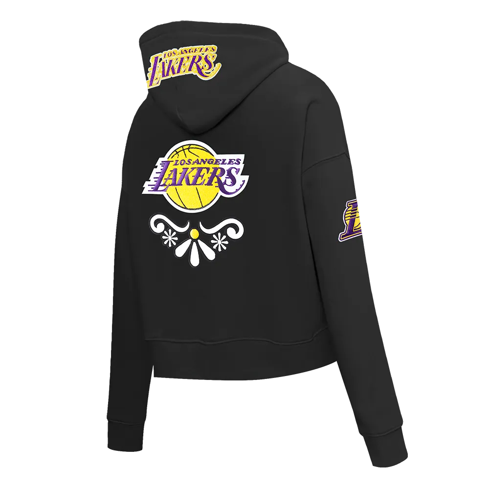 NBA LOS ANGELES LAKERS SUGAR SKULL WOMEN'S FLC CROPPED PO HOODIE (BLACK)