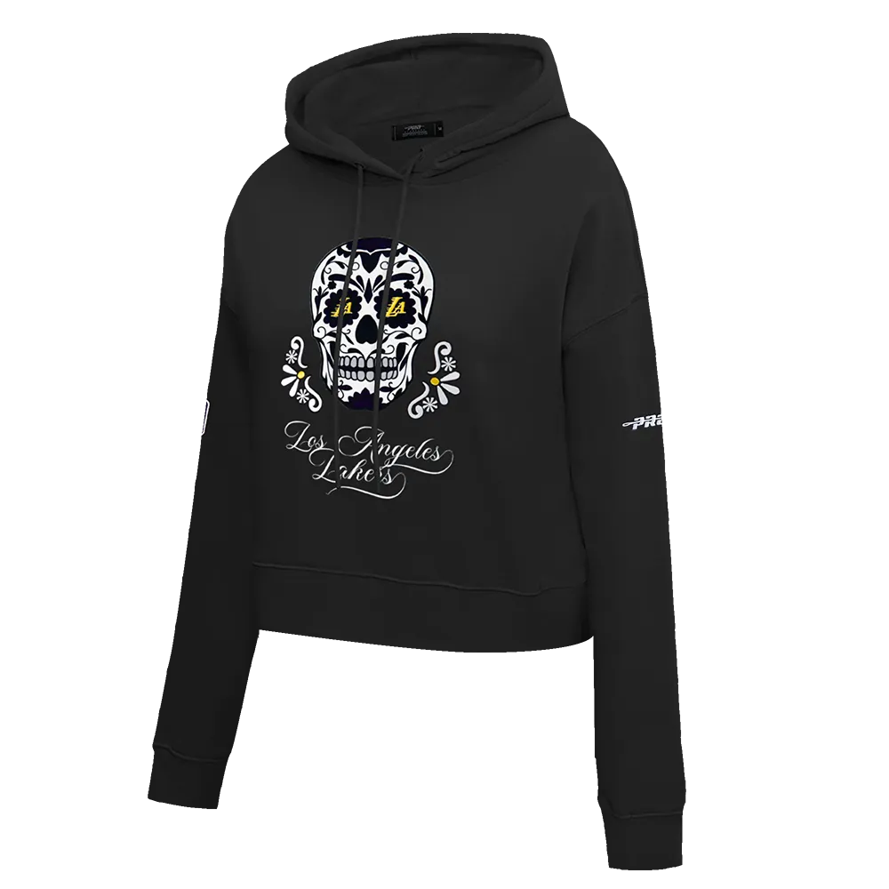 NBA LOS ANGELES LAKERS SUGAR SKULL WOMEN'S FLC CROPPED PO HOODIE (BLACK)