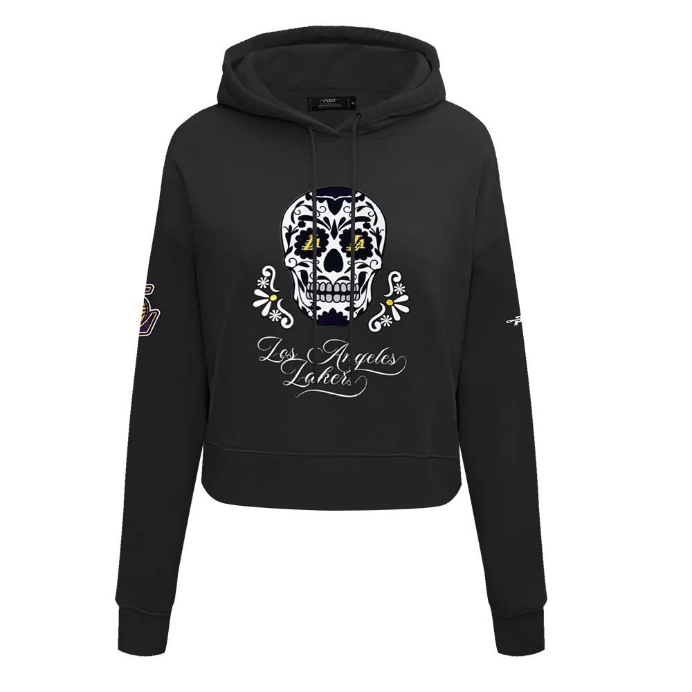 NBA LOS ANGELES LAKERS SUGAR SKULL WOMEN'S FLC CROPPED PO HOODIE (BLACK)