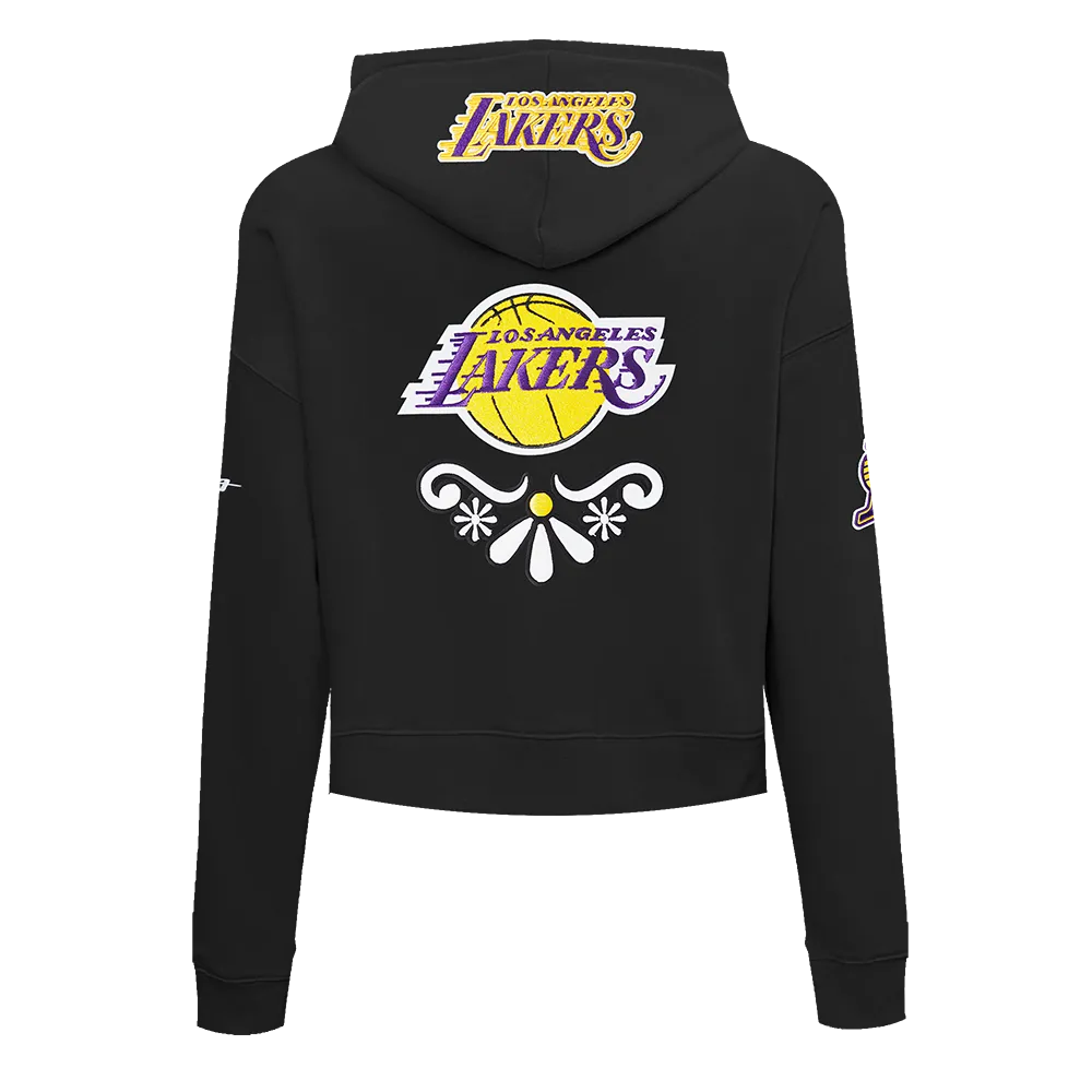 NBA LOS ANGELES LAKERS SUGAR SKULL WOMEN'S FLC CROPPED PO HOODIE (BLACK)