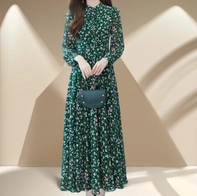 New floral green chiffon dress