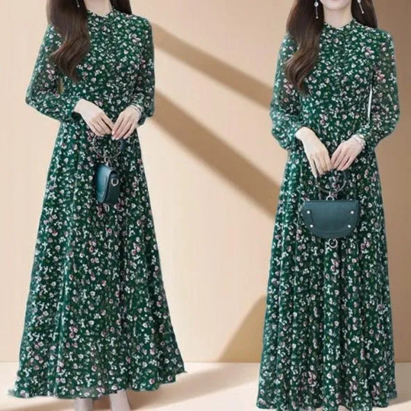 New floral green chiffon dress