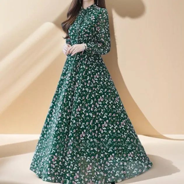 New floral green chiffon dress