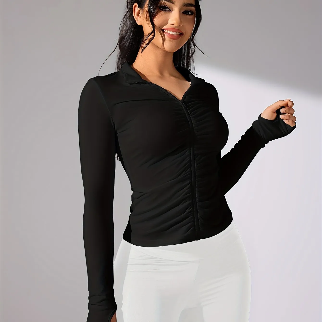 Nina | Solid color casual sports jacket with long sleeve and full zipper