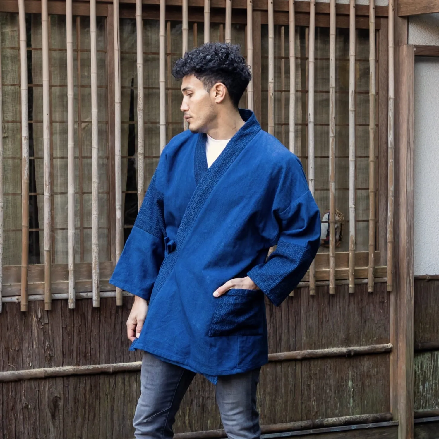 Patchwork Samue Jacket | Blue | Sashiko | Kimono style