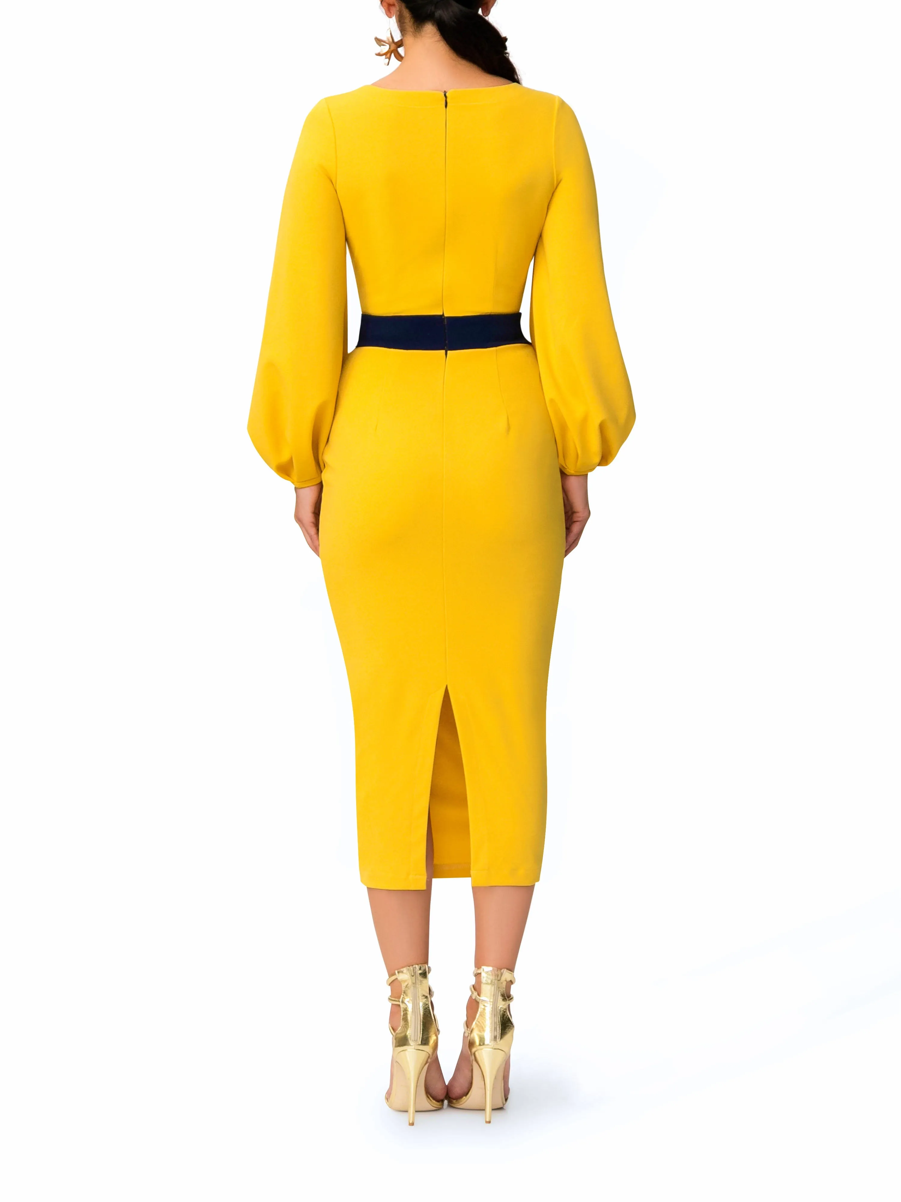 "Estela" Mustard Midi Dress w/ Navy Contrast