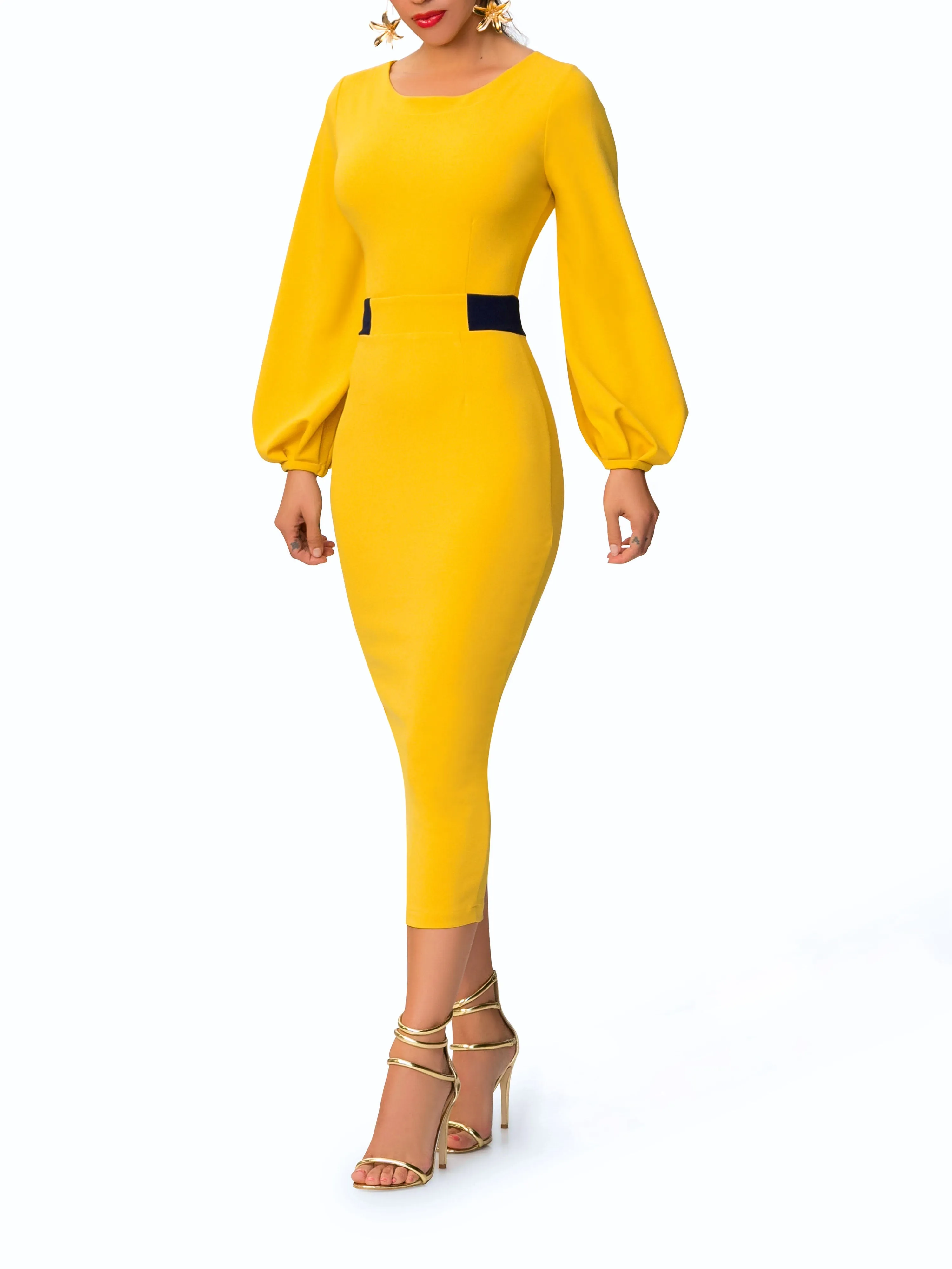 "Estela" Mustard Midi Dress w/ Navy Contrast