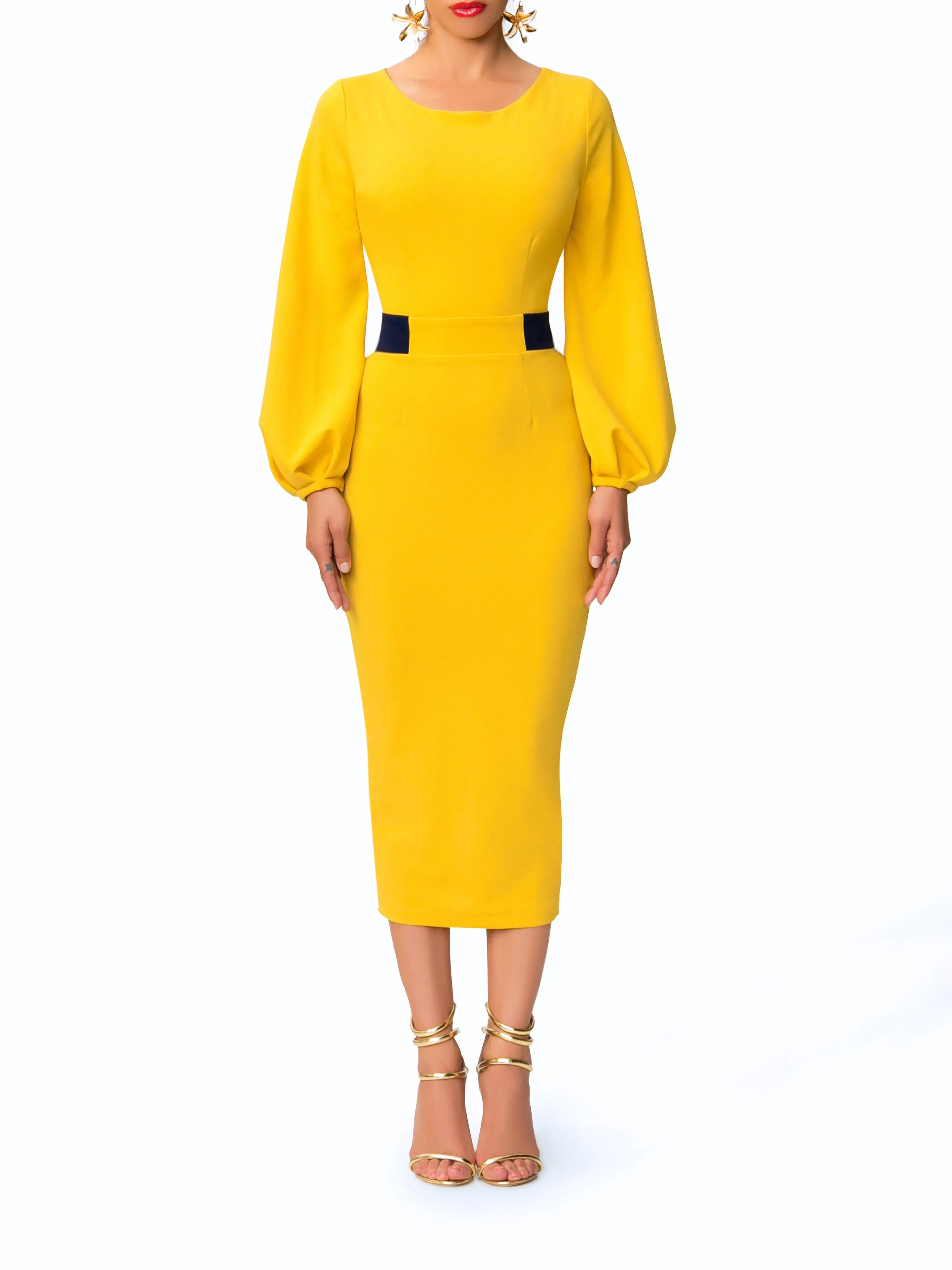 "Estela" Mustard Midi Dress w/ Navy Contrast