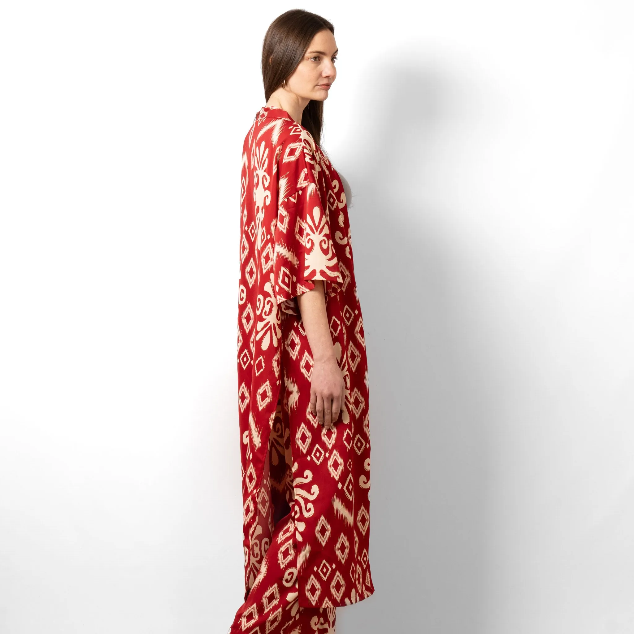 Serena Lightweight Long Kimono - Red, Ikat
