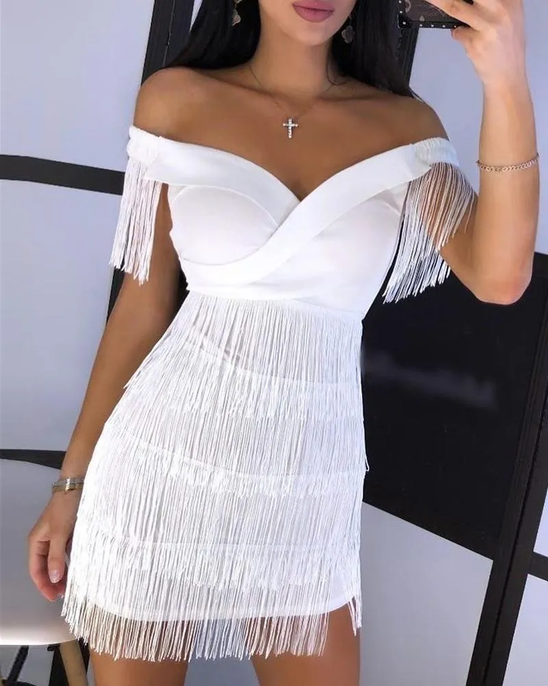 Tassel Sheath Slash Neck Sleeveless Women Mini Dress