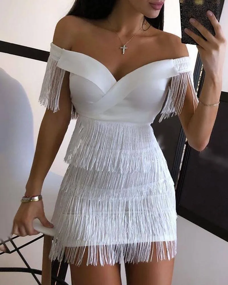Tassel Sheath Slash Neck Sleeveless Women Mini Dress