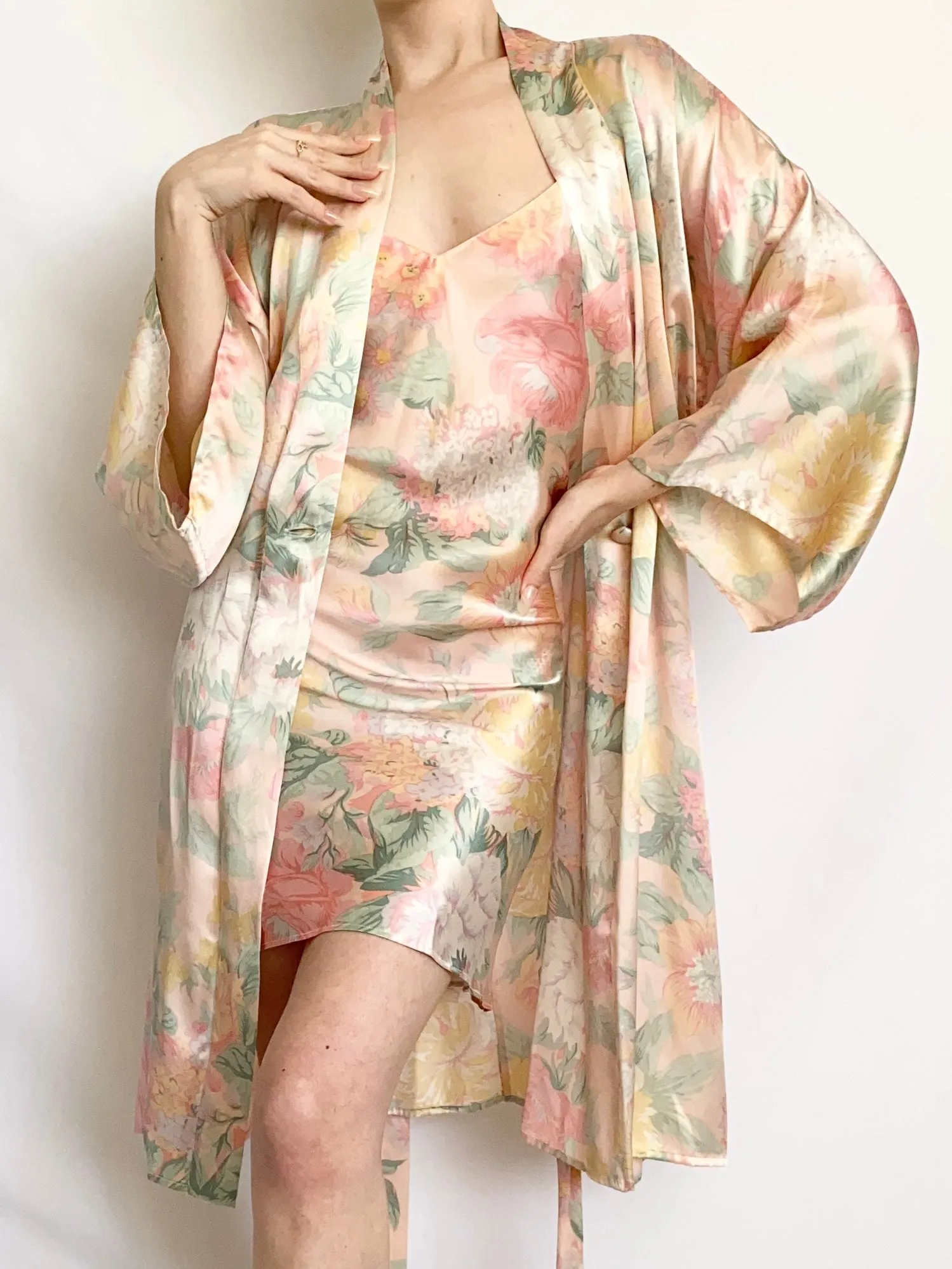 Victoria’s Secret Floral Pastel Silk Slip Dress and Robe Set (XS,S)