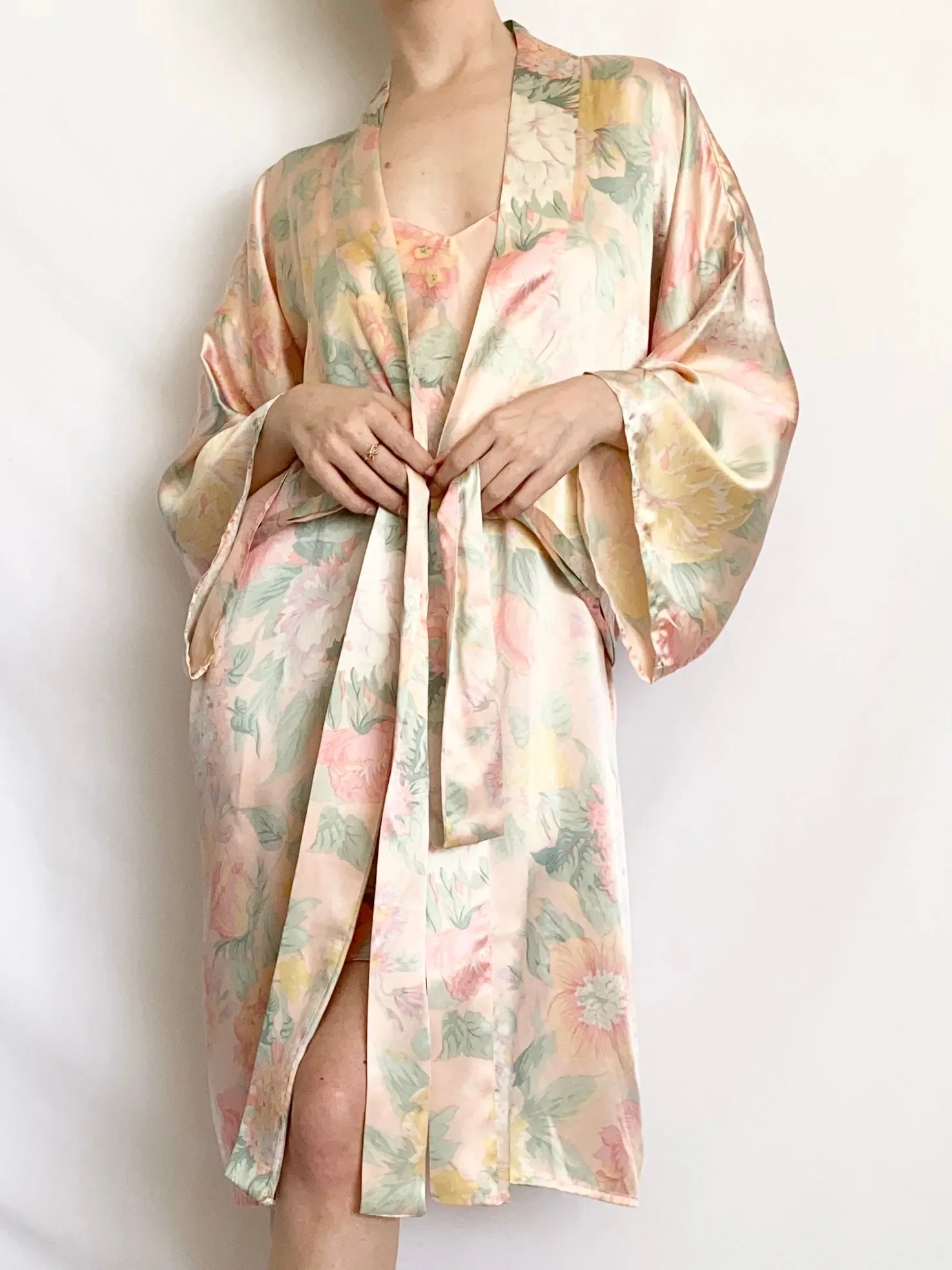 Victoria’s Secret Floral Pastel Silk Slip Dress and Robe Set (XS,S)