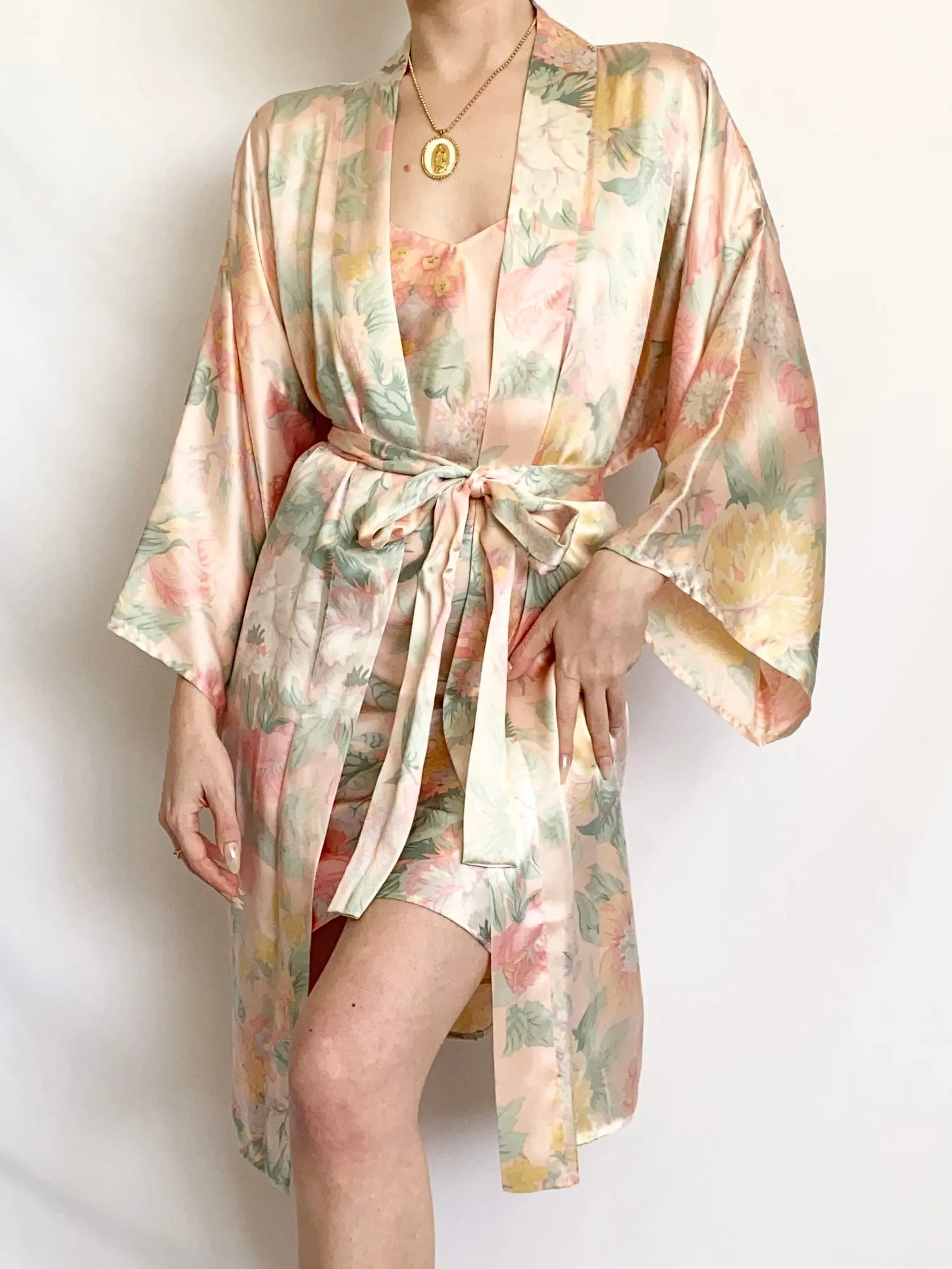 Victoria’s Secret Floral Pastel Silk Slip Dress and Robe Set (XS,S)