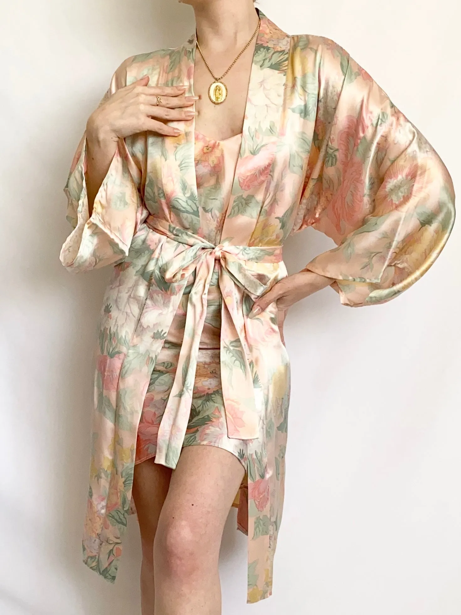 Victoria’s Secret Floral Pastel Silk Slip Dress and Robe Set (XS,S)
