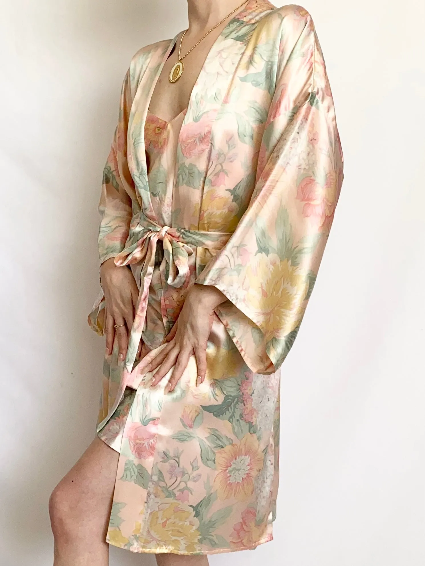 Victoria’s Secret Floral Pastel Silk Slip Dress and Robe Set (XS,S)