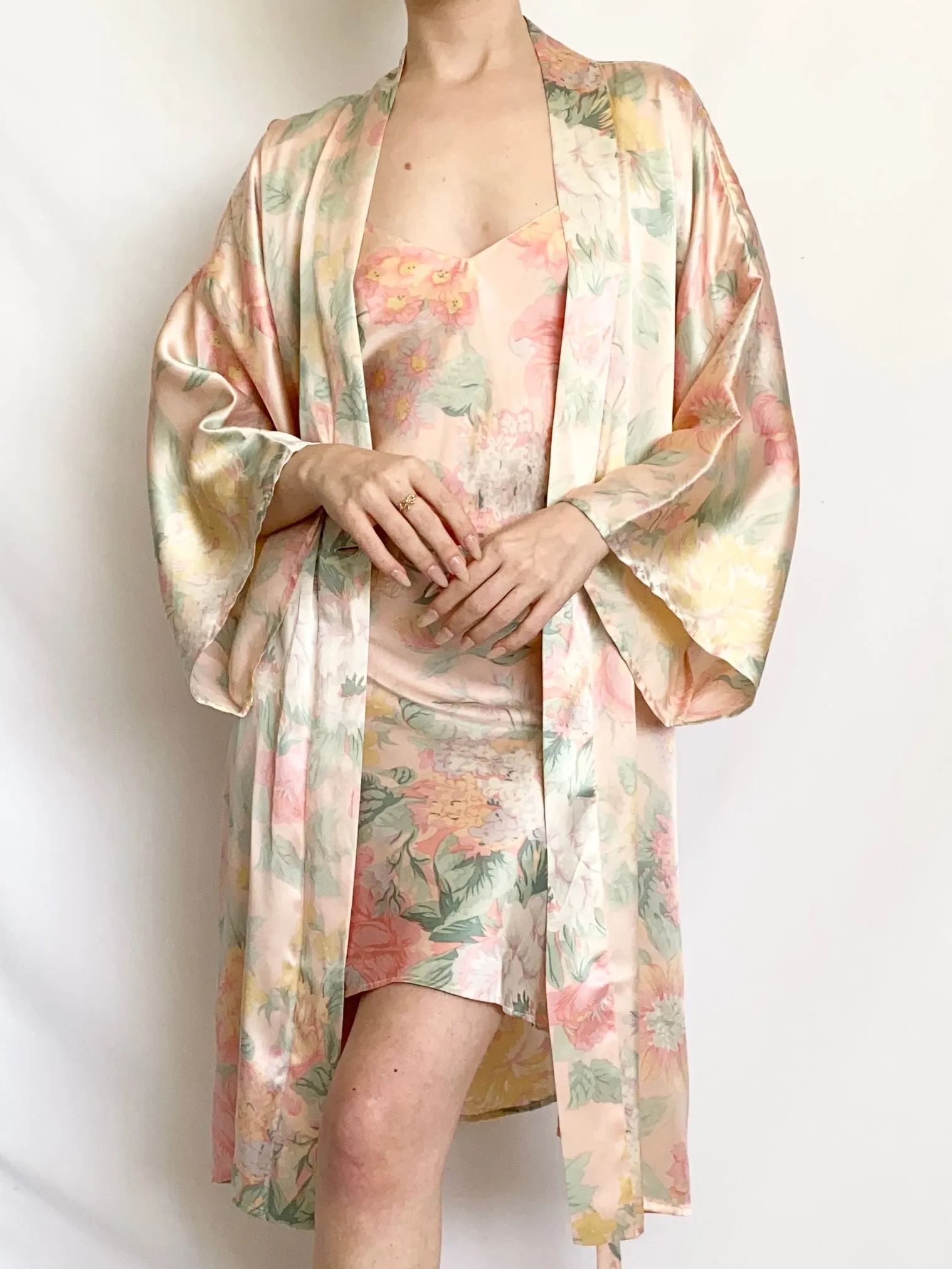 Victoria’s Secret Floral Pastel Silk Slip Dress and Robe Set (XS,S)