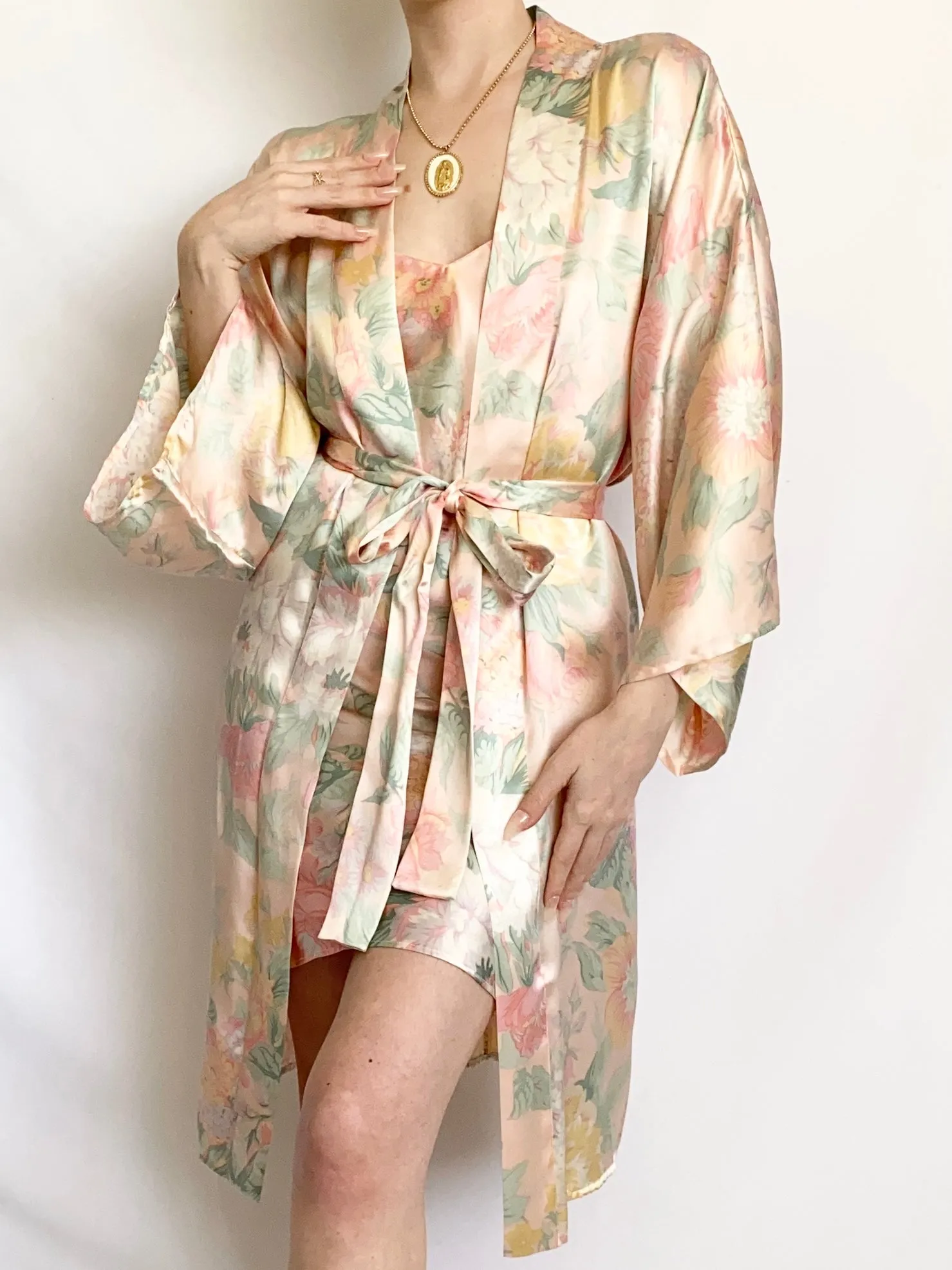 Victoria’s Secret Floral Pastel Silk Slip Dress and Robe Set (XS,S)
