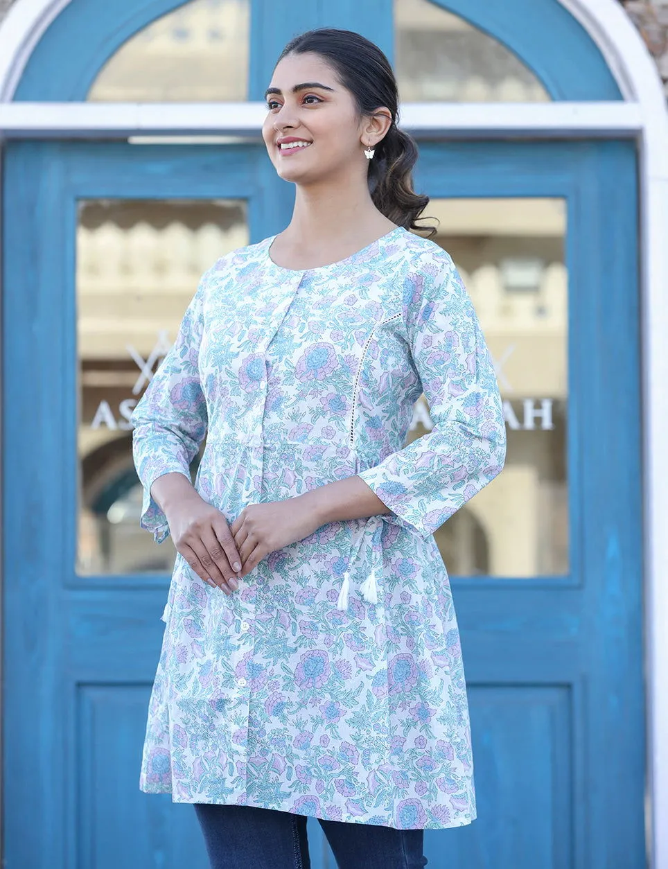 White Floral Print Cotton Shirt Tunic (pack of 1)