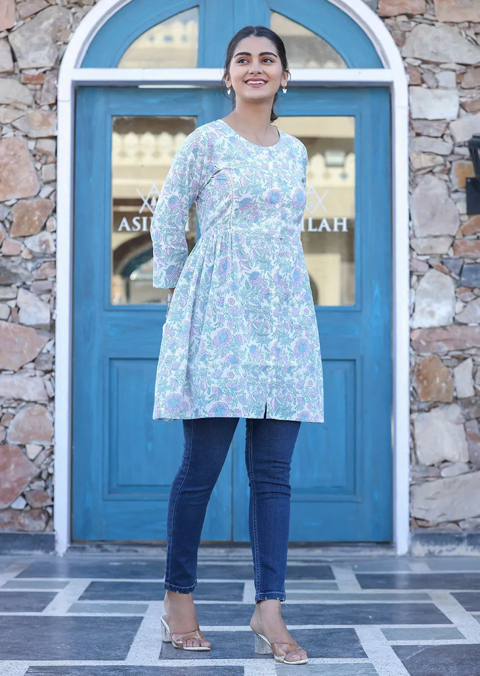 White Floral Print Cotton Shirt Tunic (pack of 1)