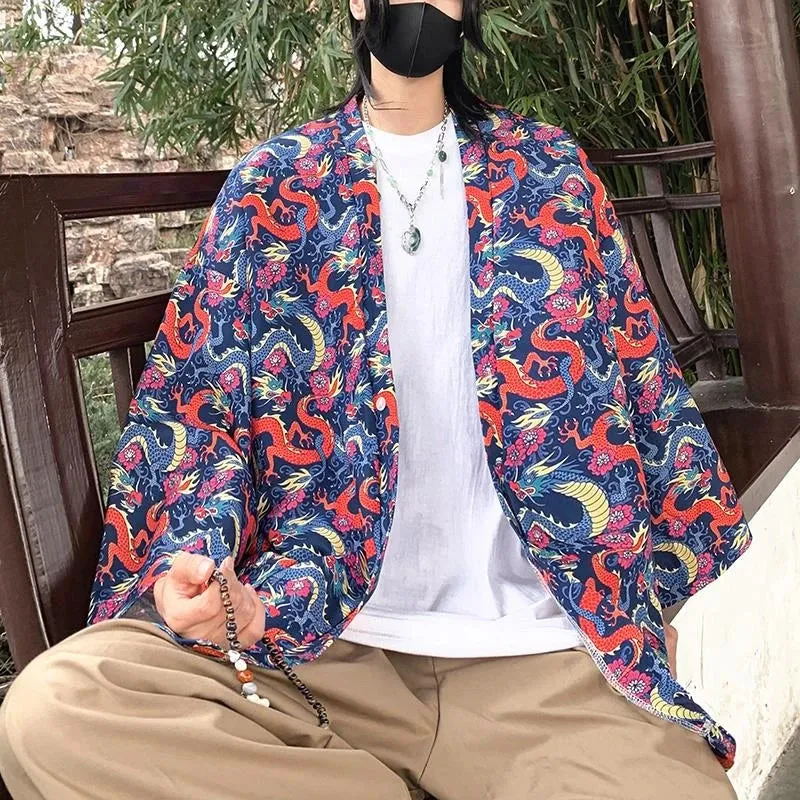 WIAOFELLAS  -  Japanese Style Men's Lightweight Kimono Jacket Dragon Print Kimono Cardigan New Arrival Street Shirt Harajuku Kimono Couple Tops